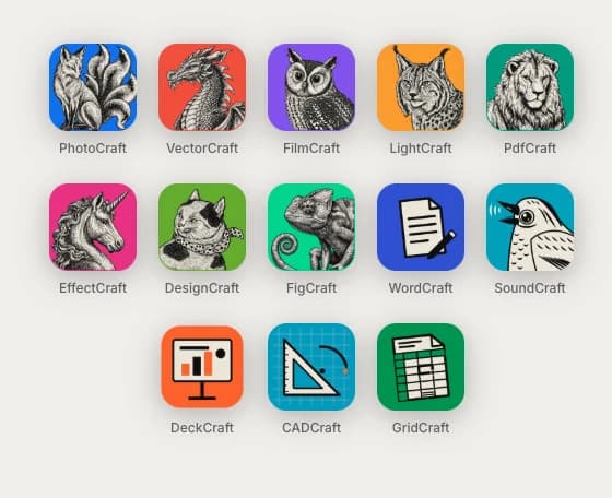 App icons for the ArtCraft Crafting Apps: PhotoCraft, VectorCraft, FilmCraft, LightCraft, PdfCraft, EffectCraft, DesignCraft, FigCraft, WordCraft, SoundCraft, DeckCraft, CADCraft and GridCraft