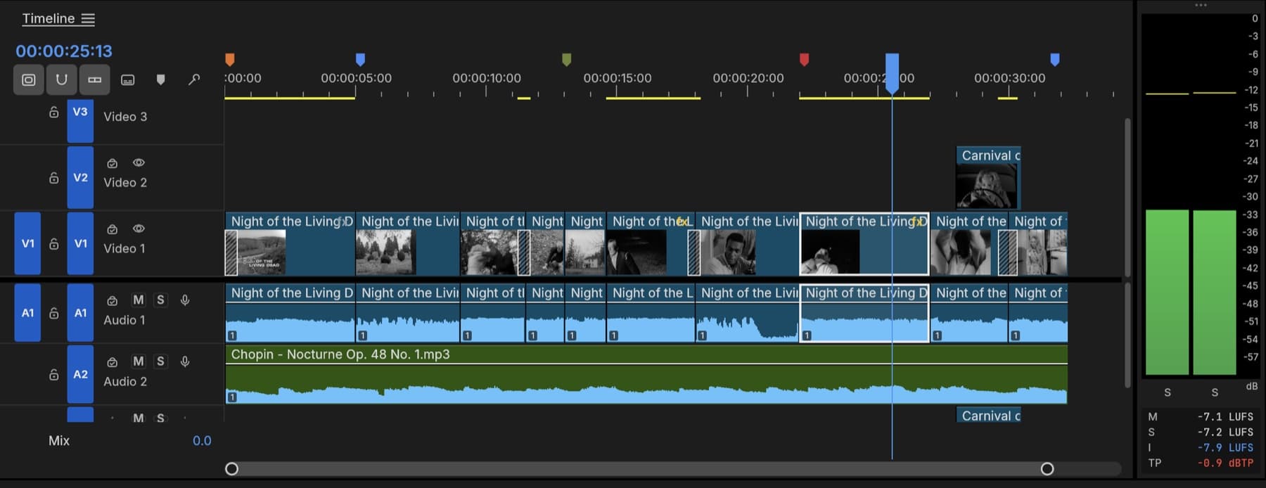 FilmCraft's timeline with video clips, an audio waveform and loudness meters