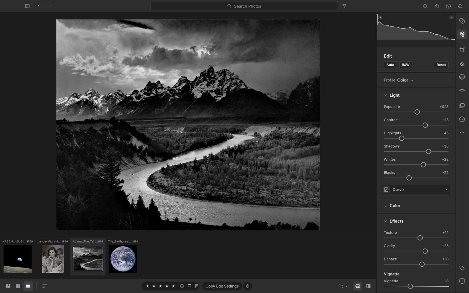 LightCraft's develop view editing a black-and-white landscape photo, with light and effects sliders