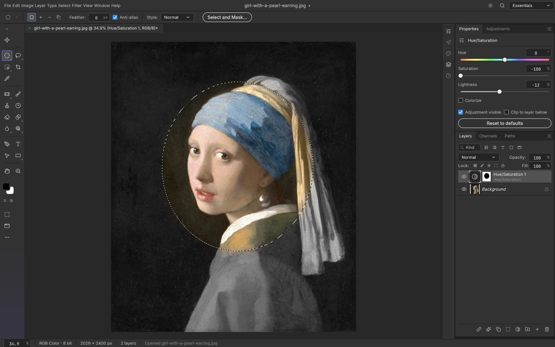 PhotoCraft editing a painting with a masked Hue/Saturation adjustment layer and the Layers panel open