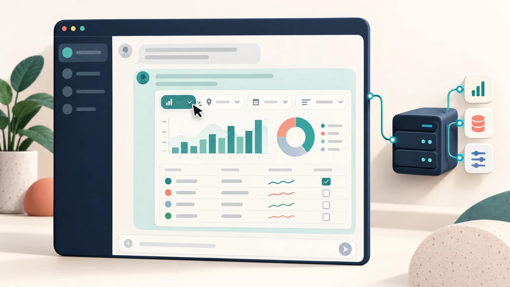 An AI conversation with an embedded analytics view: filters, a bar chart, a donut chart and a table, connected to a data server