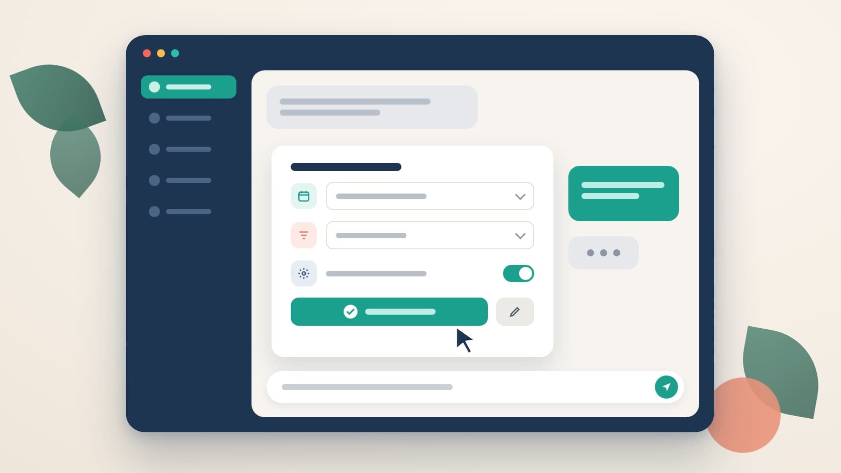 An AI conversation with an embedded form: date and filter selectors, a settings toggle, and confirm and edit buttons