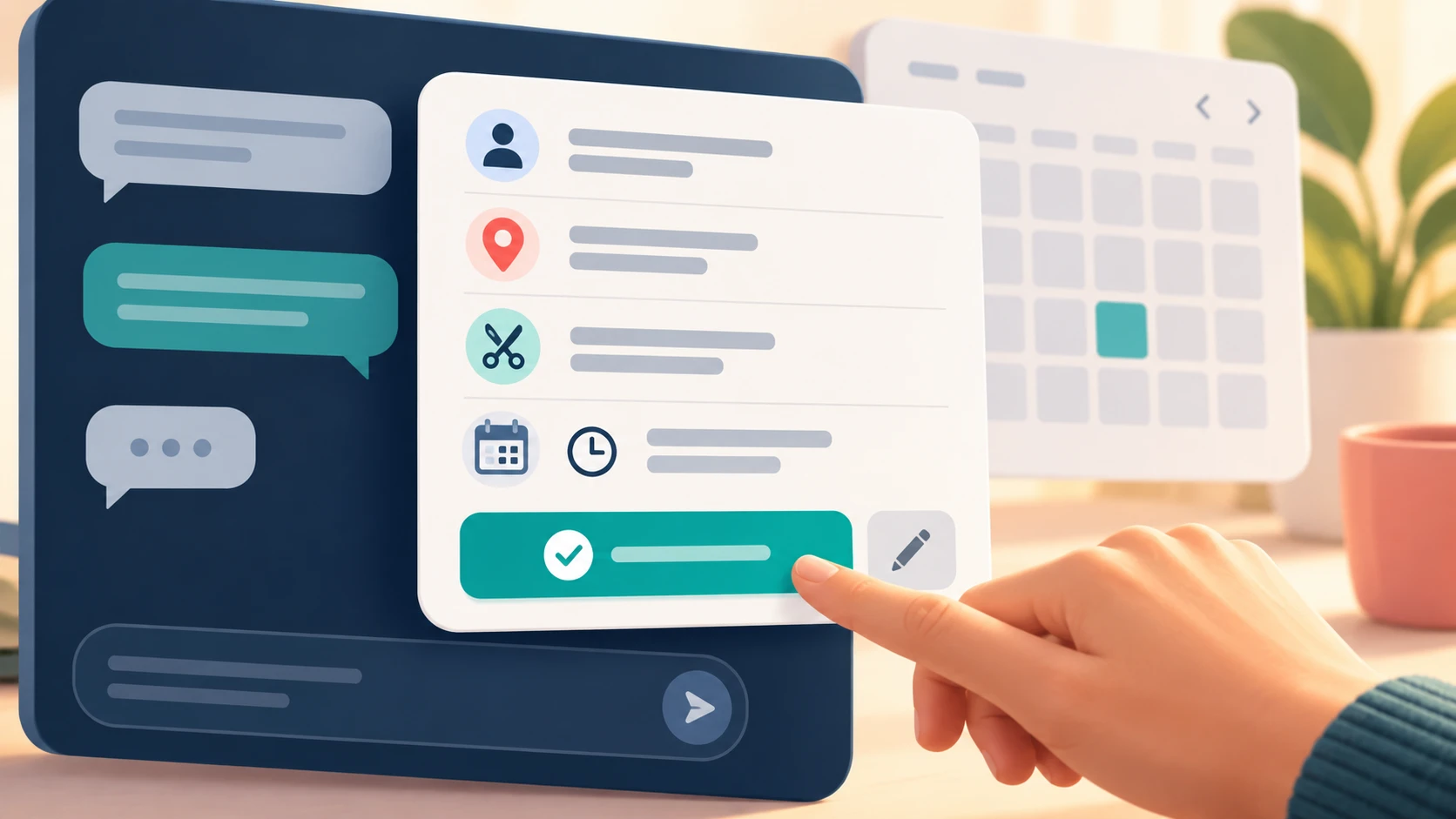An AI conversation showing a details card with a confirm button and an edit option, ready for a person to review before submitting